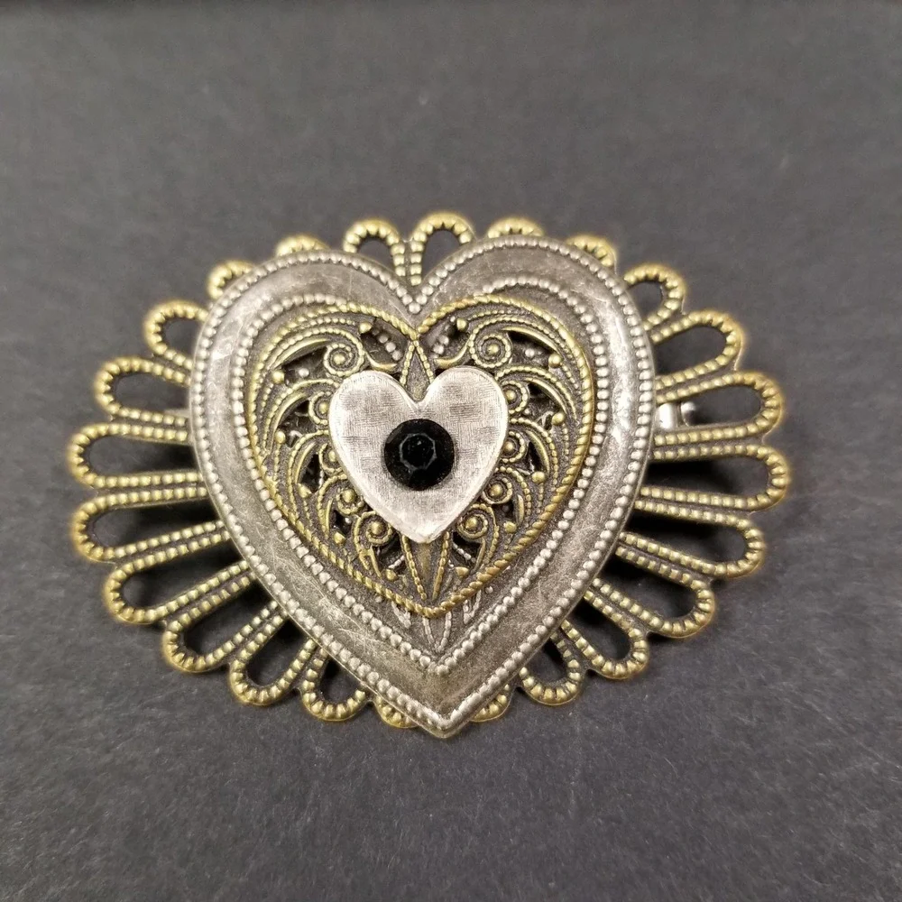 Jane Vintage Heart Brooch Filigree Mixed Metal Black Rhinestone Whimsigoth Goth